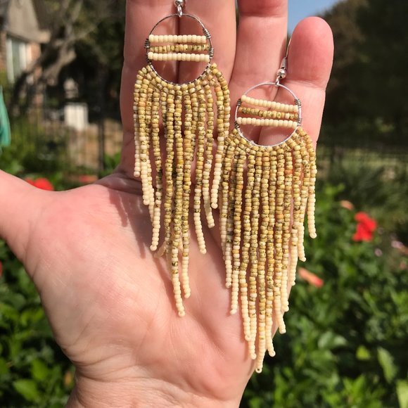 Fringe Earrings Boho Dusters Southwest Western Dangles Hand Beaded Silver Hoops - Picture 2 of 6